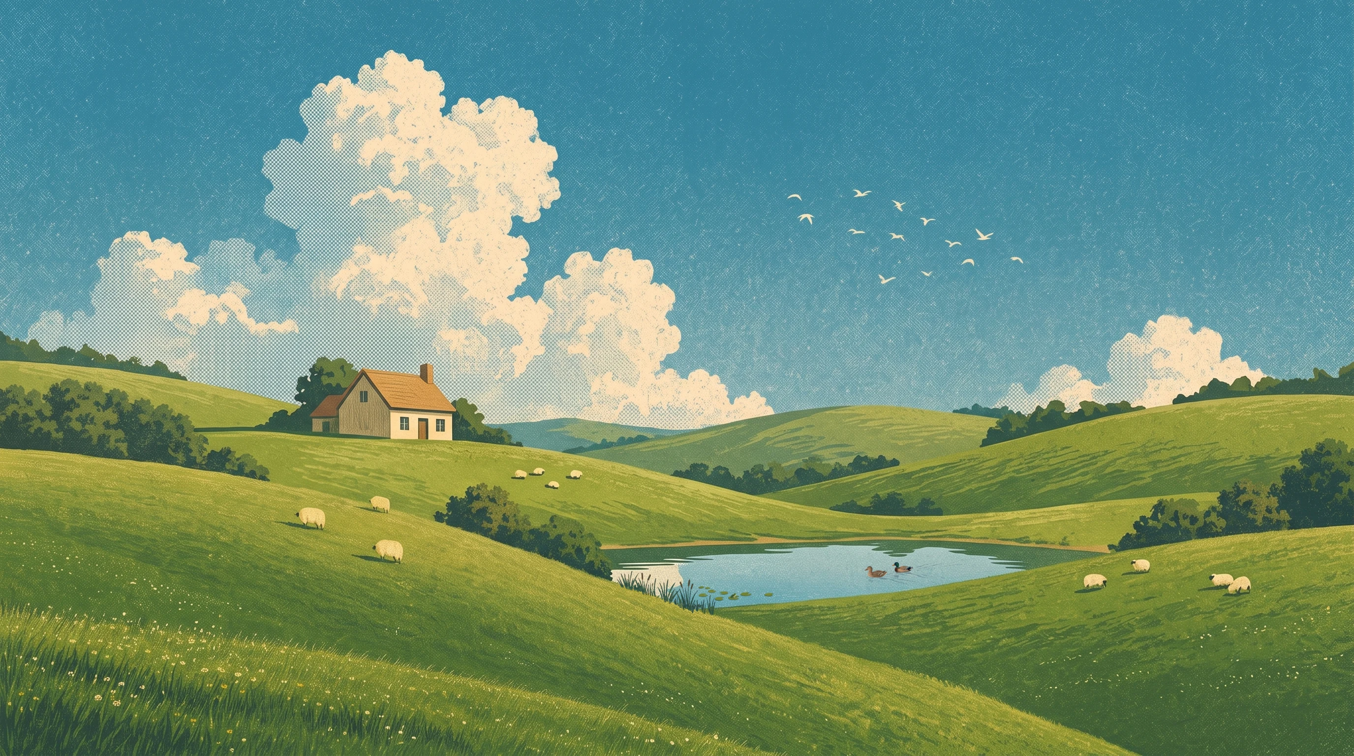 Green rolling hills under tall summer clouds, with a farmhouse, a lake and a flock of birds.